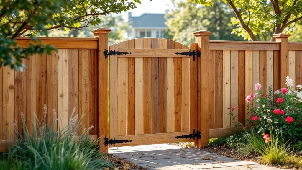 pressure-treated pine matching fence panel walk gate - residential pedestrian gate with black iron hardware in Denver, Colorado