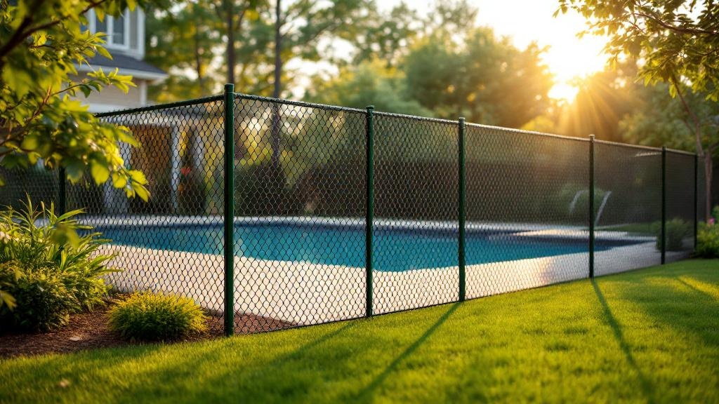 green vinyl-coated chain link fence - 8-foot pool fence installation by professional fence contractor in Atlanta, Georgia