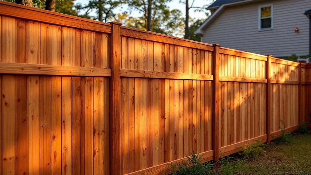 Western Red Cedar shadowbox privacy fence - 6-foot honey oak stained wood fence installation in Atlanta, Georgia
