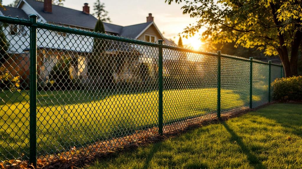 green vinyl-coated chain link diamond mesh - 8-foot installation by fence contractor in Portland, Oregon