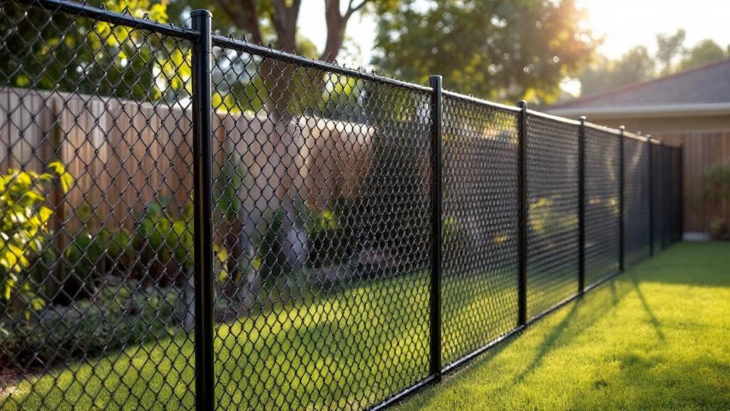 black vinyl-coated chain link chain link fence for backyard pet containment in California
