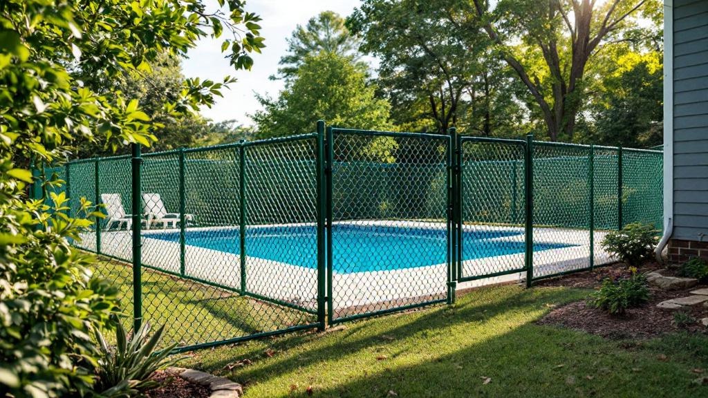 green vinyl-coated chain link chain link fence for pool enclosure in North Carolina