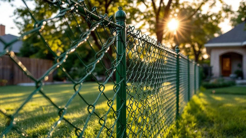 green vinyl-coated chain link chain link fence for property boundary in Texas