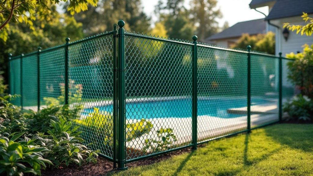 green vinyl-coated chain link diamond mesh - 8-foot installation by fence contractor in Seattle, Washington