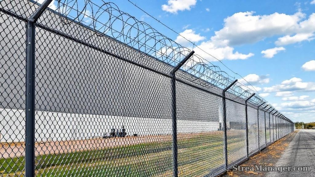 8-foot high-security galvanized chain link fence with barbed wire