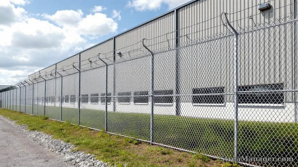8-foot high-security galvanized chain link fence with barbed wire
