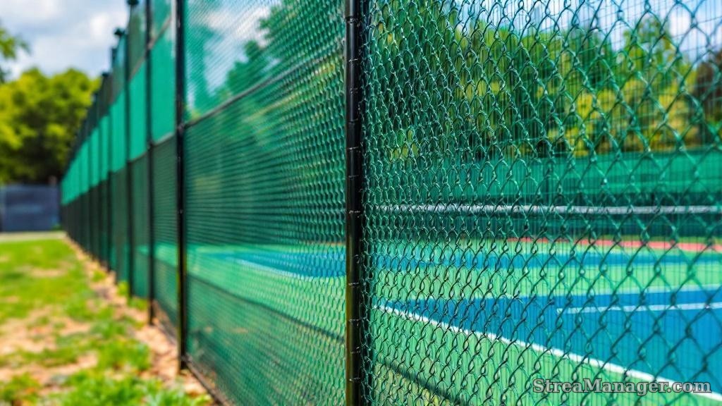 4-foot black vinyl chain link tennis court fence with windscreen