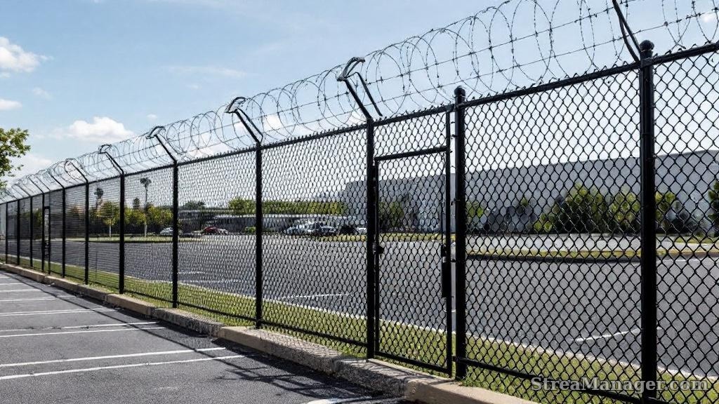 8-foot black vinyl commercial chain link fence with barbed wire security