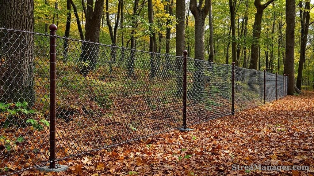 6-foot brown vinyl chain link fence woodland property boundary