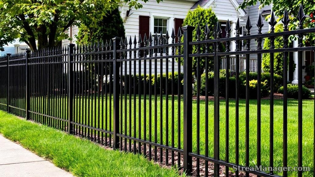 5-foot black ornamental iron residential fence with spear finials