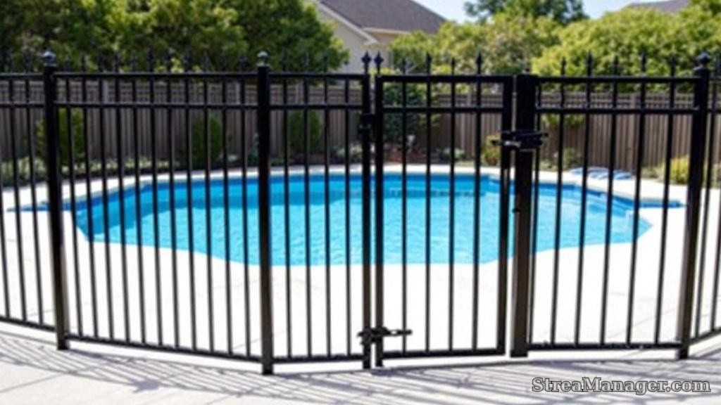 5-foot black ornamental iron pool safety fence code compliant