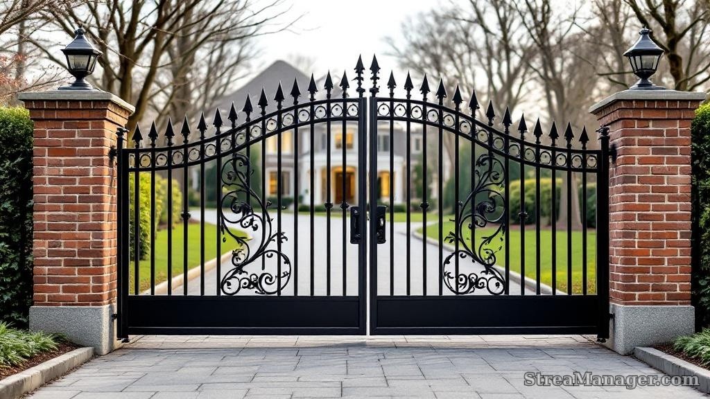 6-foot black ornamental iron estate double swing gate with scrollwork