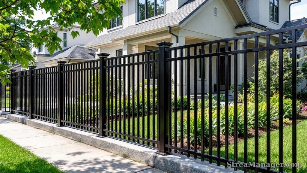 6-foot black modern flat-top ornamental aluminum fence contemporary