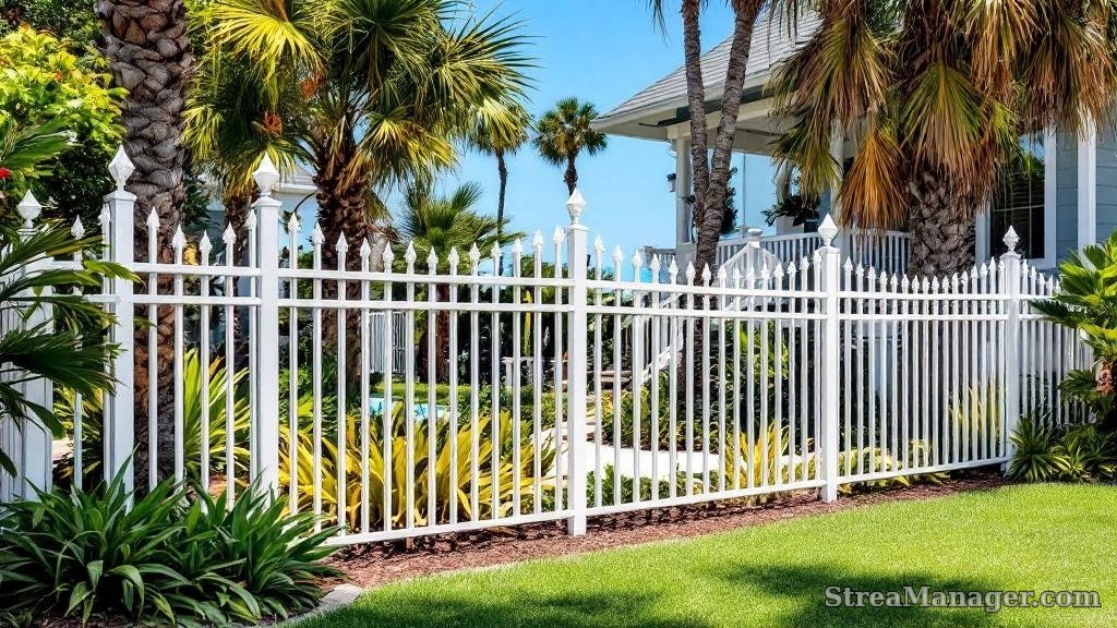 4-foot white ornamental aluminum fence coastal garden beach house