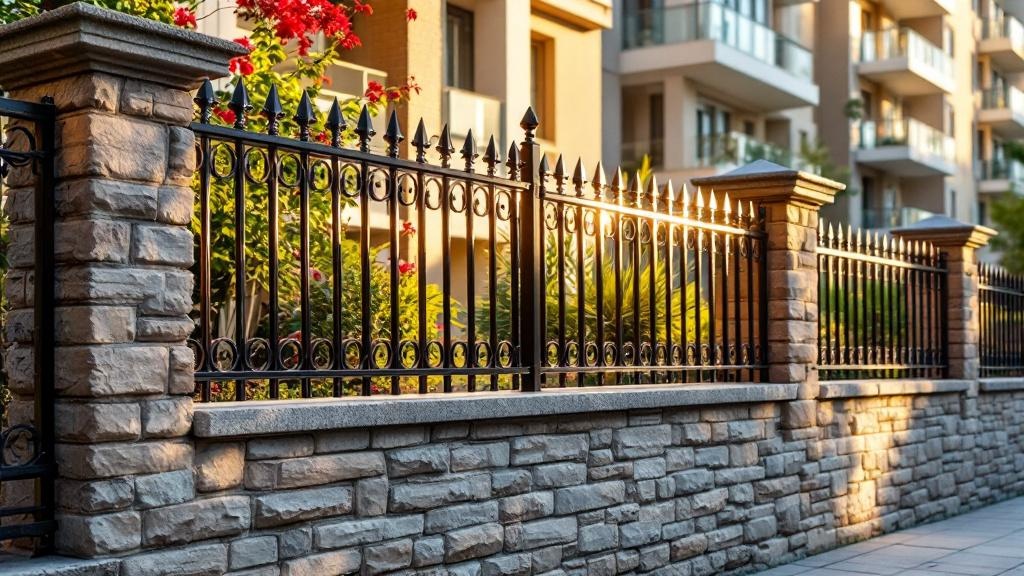 Iron Fence Stone Wall Base for Apartment Properties - Professional Ornamental Iron by Fencing & Gates contractors