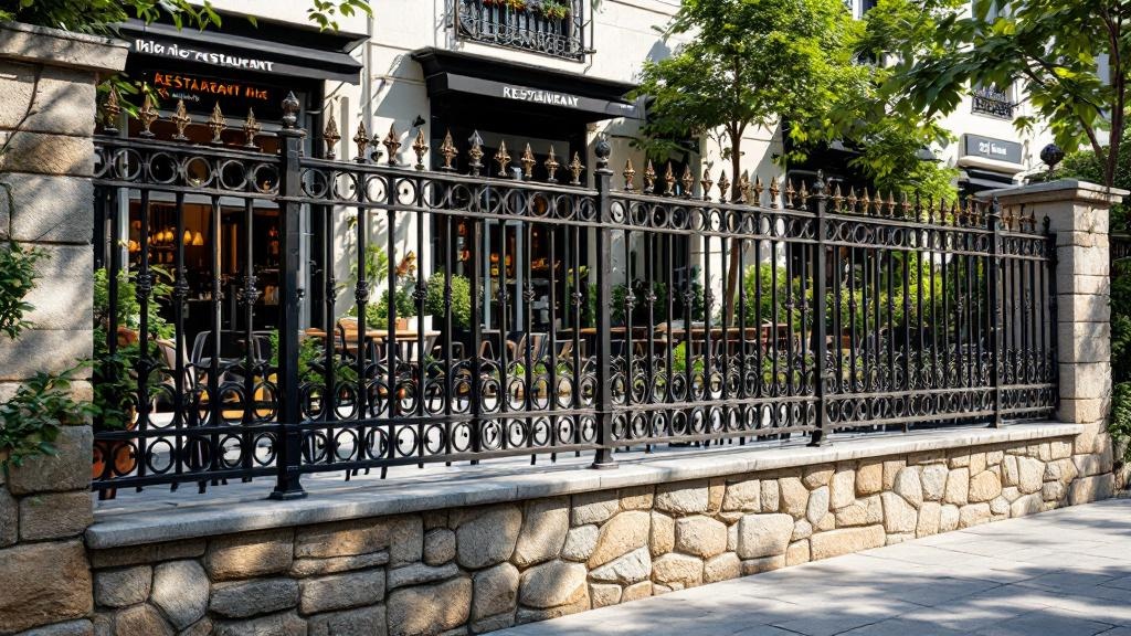 Iron Fence Stone Wall Base for Restaurant Properties - Professional Ornamental Iron by Fencing & Gates contractors