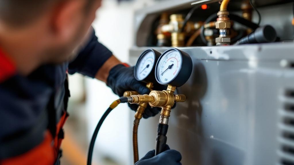 HVAC Technician Charging Refrigerant - Professional Air Conditioning by HVAC contractors