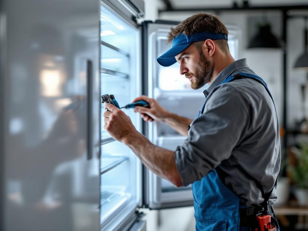 Professional technician repairing a refrigerator with tools and expertise in action
