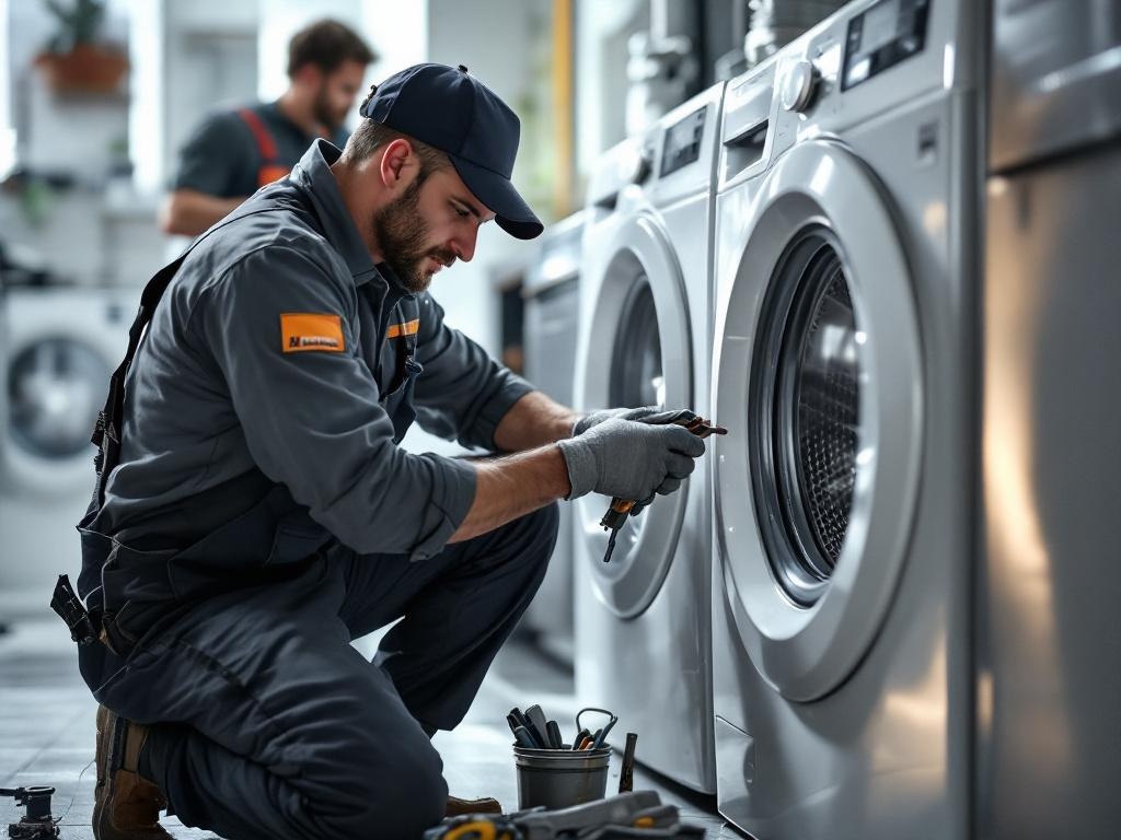Technician repairing a washer with tools in a home setting