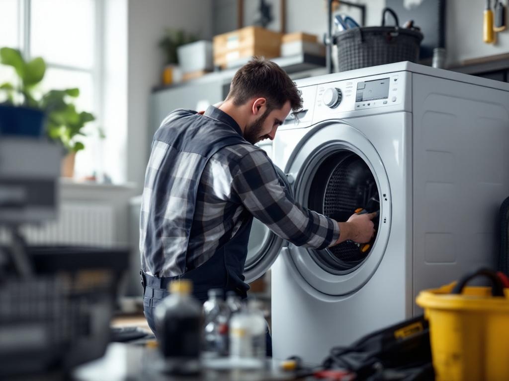 Professional technician repairing a residential dryer with tools in a laundry room
