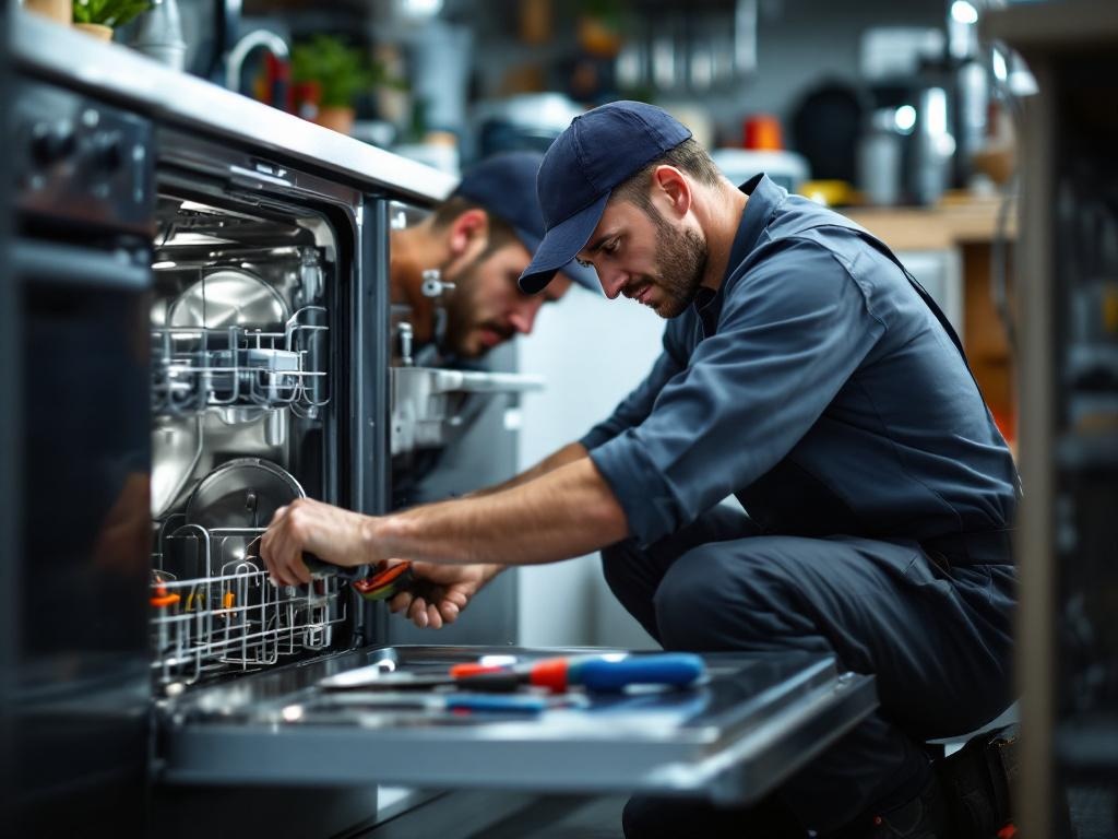 Technician repairing a dishwasher with tools in a home kitchen setting