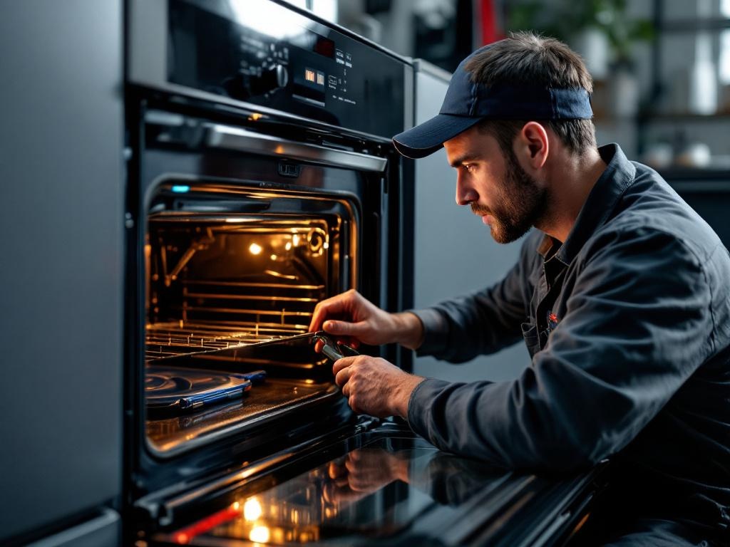 Professional technician repairing an oven with tools and professional equipment in a kitchen setting