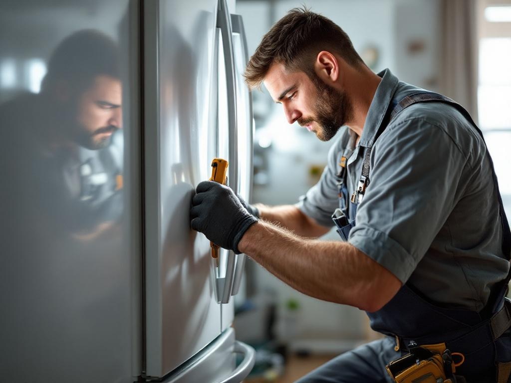 Professional technician repairing a refrigerator with tools and equipment in a kitchen