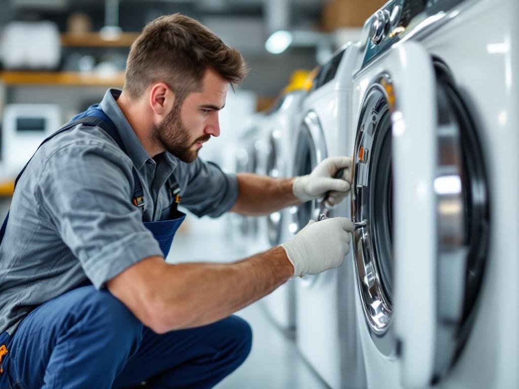 Professional technician repairing a washer with tools in a home setting