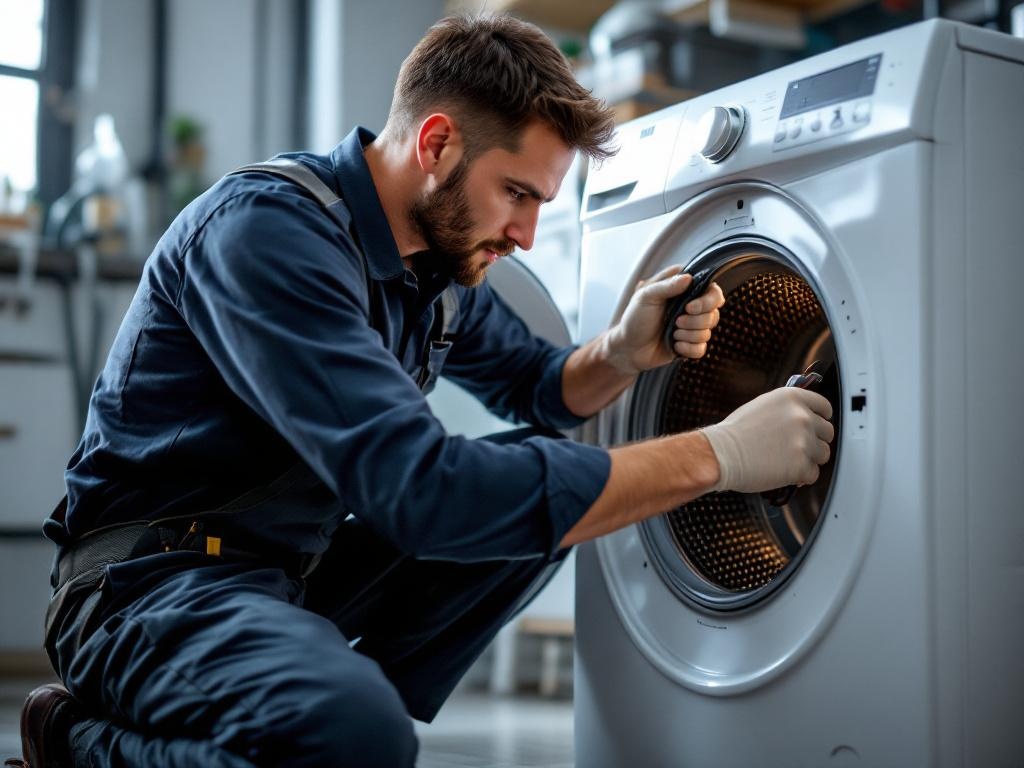Professional technician repairing a dryer with tools in a home setting