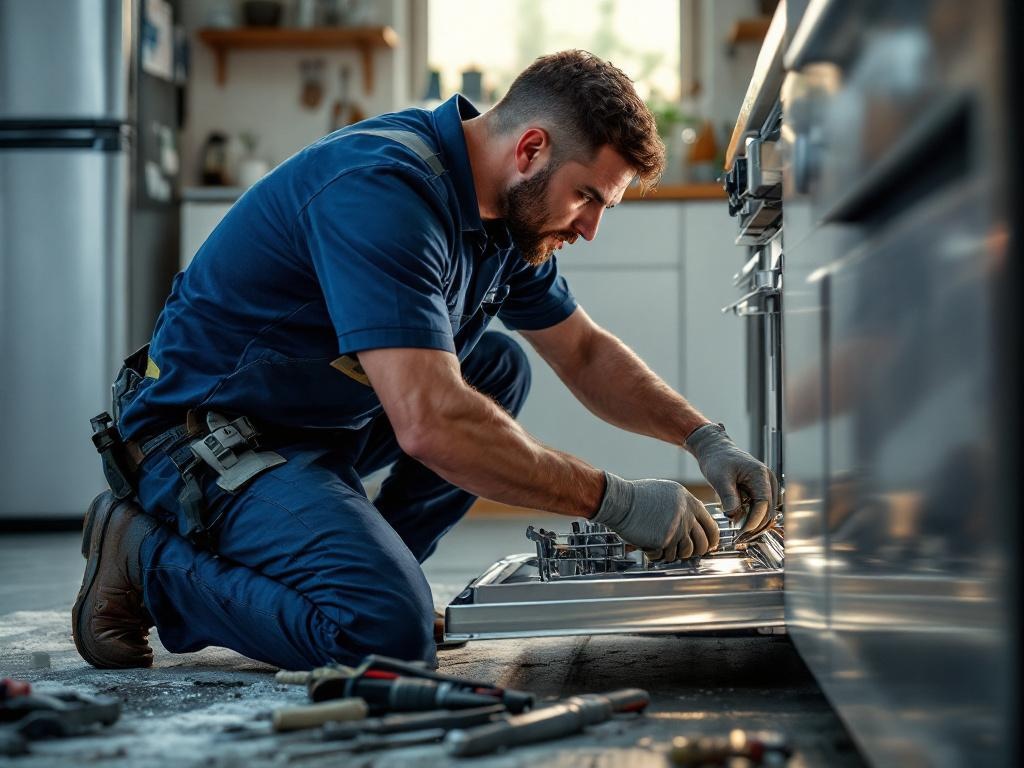 Professional technician repairing a dishwasher with tools in a kitchen setting
