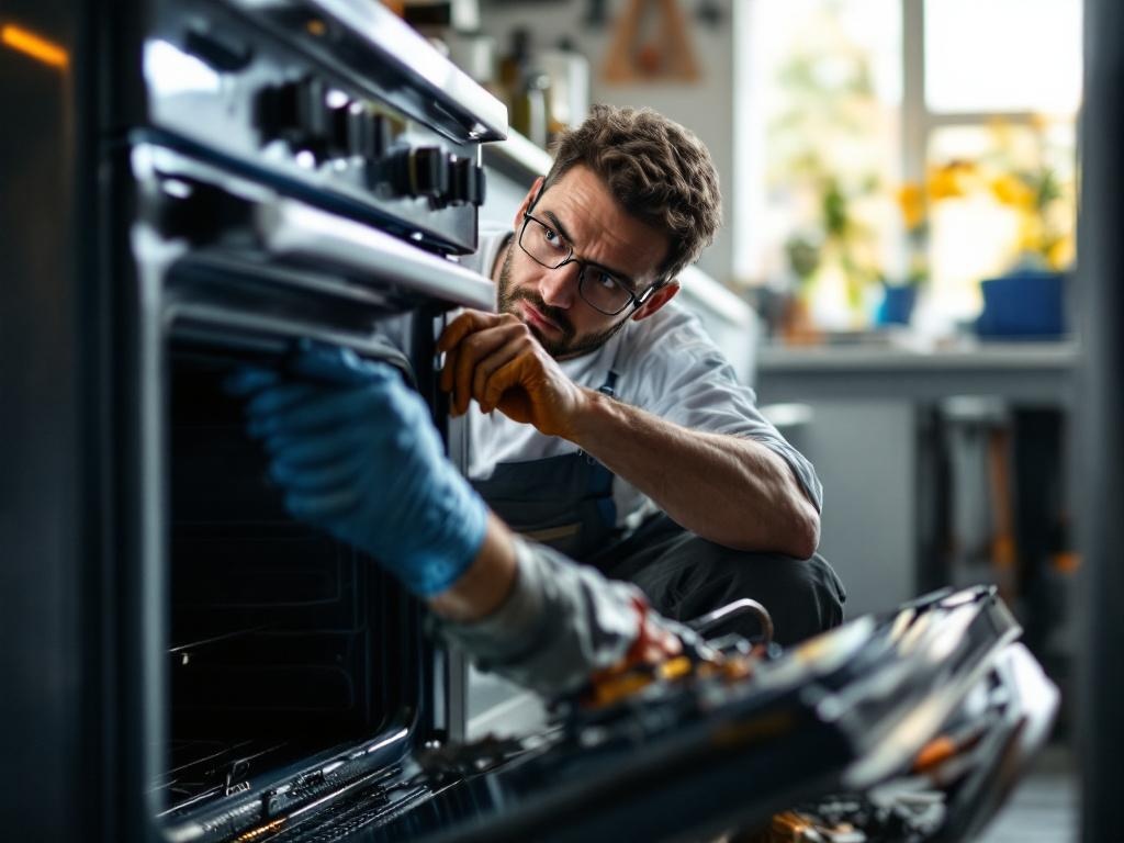 Professional technician repairing an oven with tools and equipment in a home setting