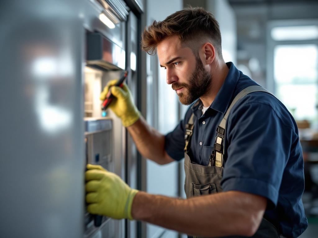 Professional technician repairing a refrigerator with tools and expertise