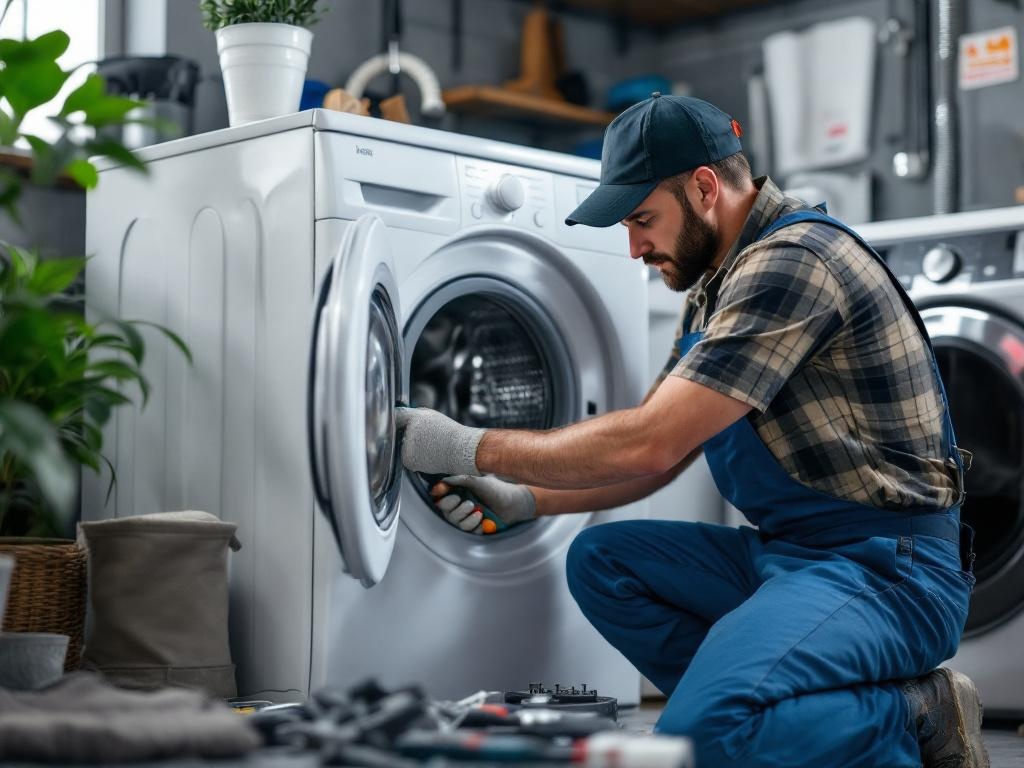 Technician in uniform repairing a washer with professional tools and equipment