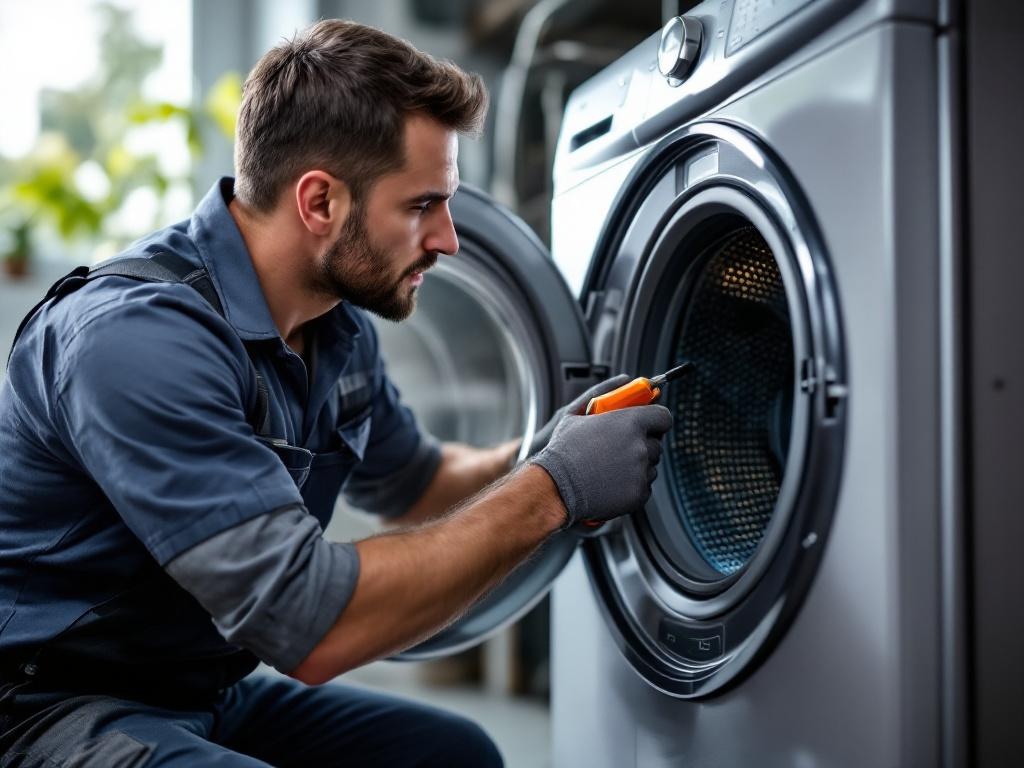 Technician repairing a dryer with professional tools and natural lighting
