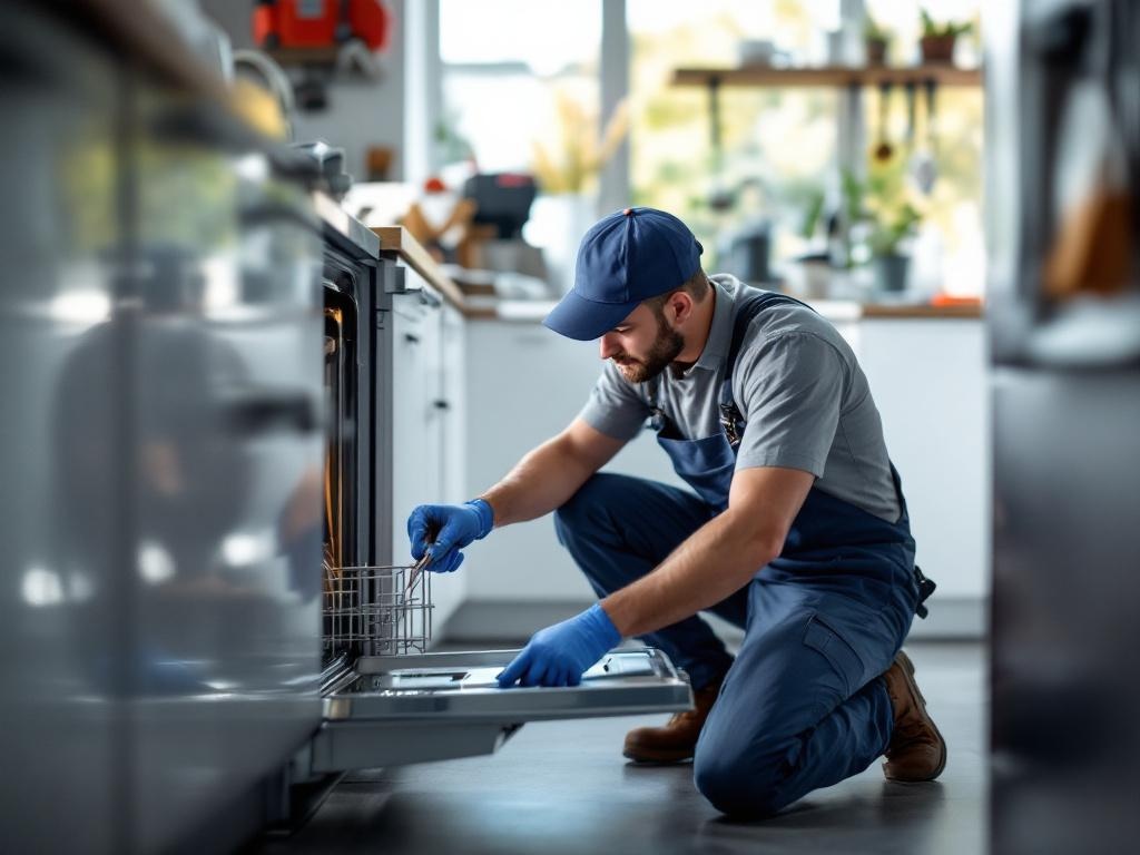 Professional technician repairing a dishwasher with tools and focus on detailed work