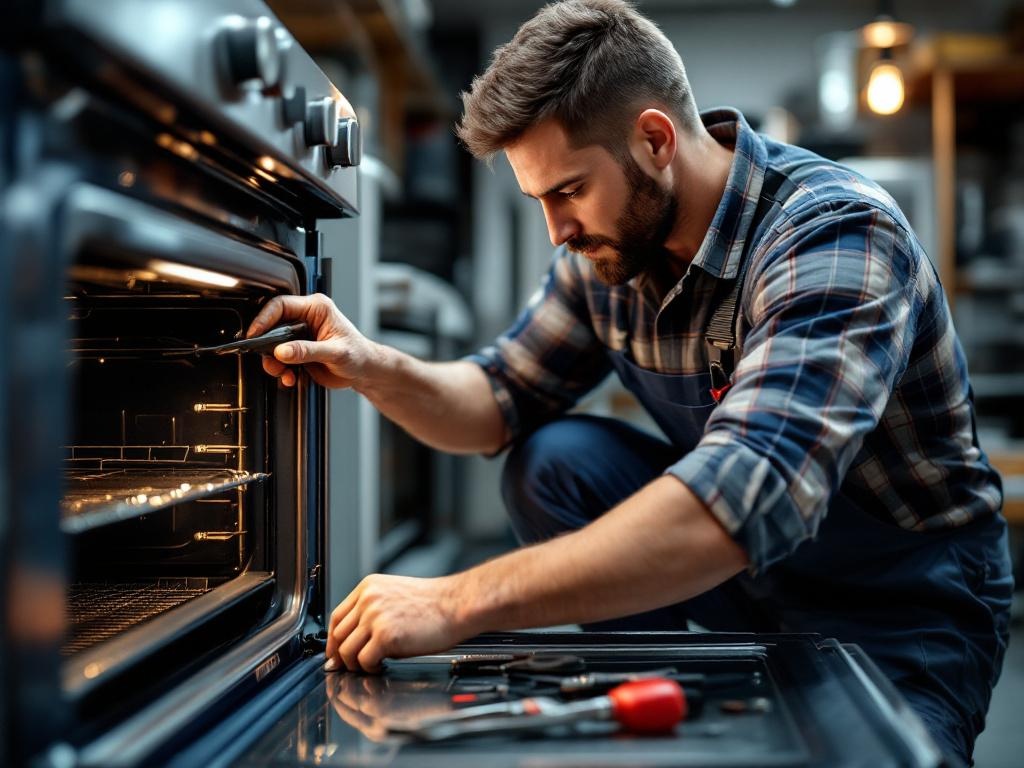 Professional technician repairing an oven using tools and equipment in a home setting.