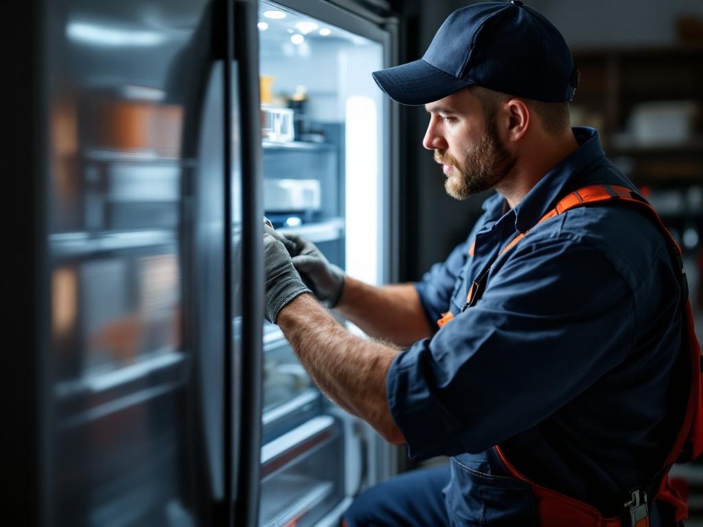 Professional technician fixing a refrigerator with tools in a home kitchen setting