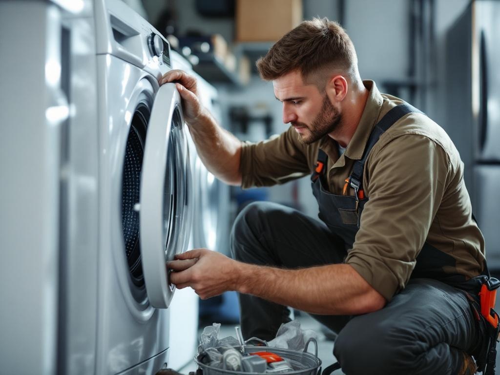Professional technician repairing a washing machine with tools and precision