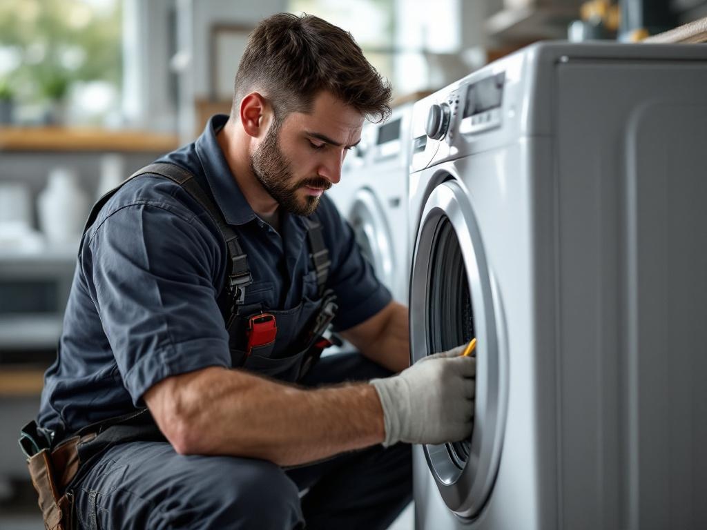 Professional appliance repair technician fixing a dryer with tools and equipment
