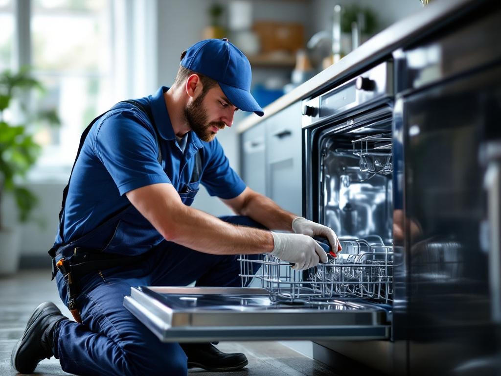 Professional appliance repair technician fixing a dishwasher with tools and equipment