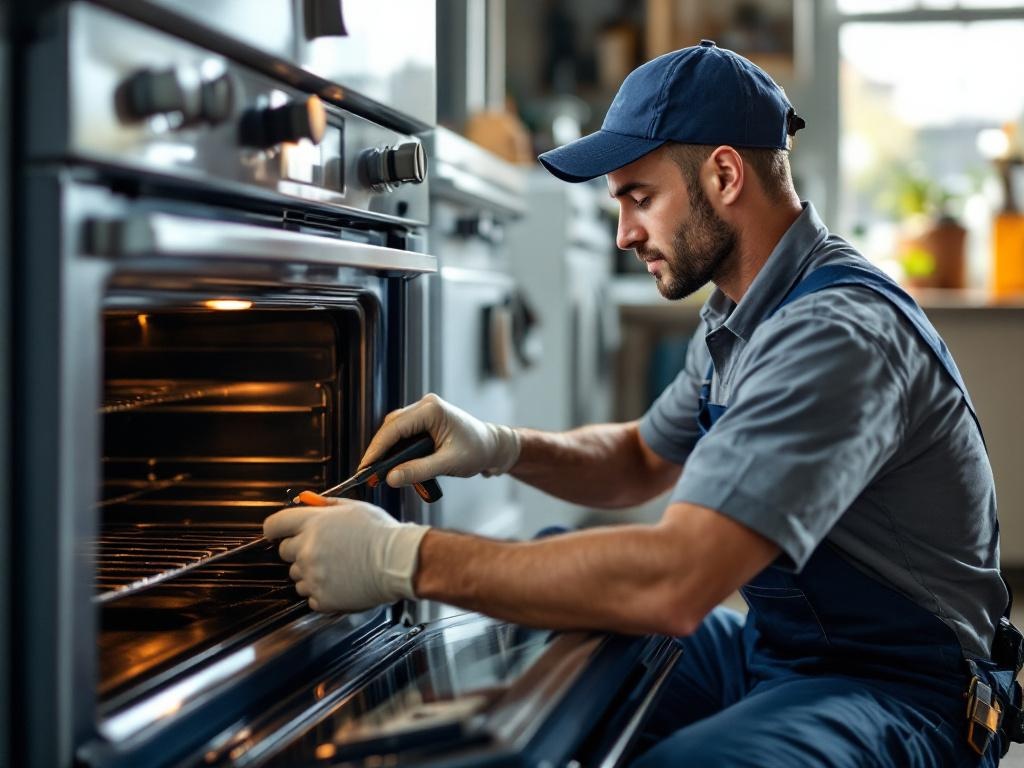 Professional technician repairing an oven with realistic tools and equipment in a kitchen