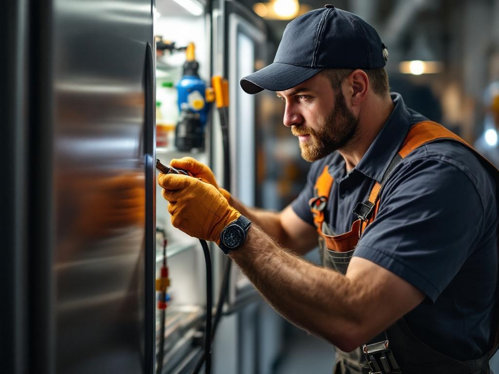Professional technician repairing a refrigerator with tools in a home setting