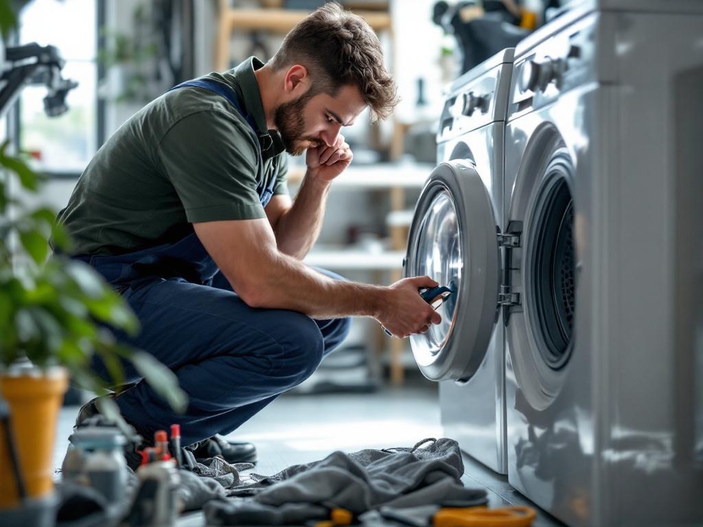Professional technician repairing a washer with tools and equipment in a home setting