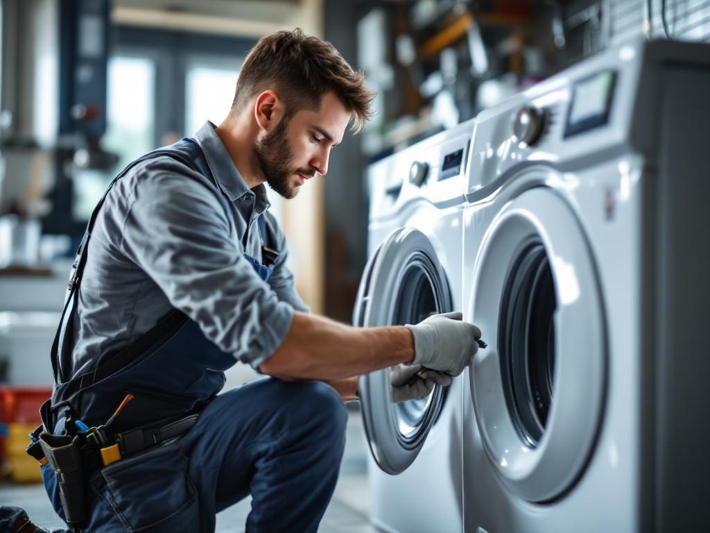 Professional appliance repair technician fixing a dryer with tools in a home setting