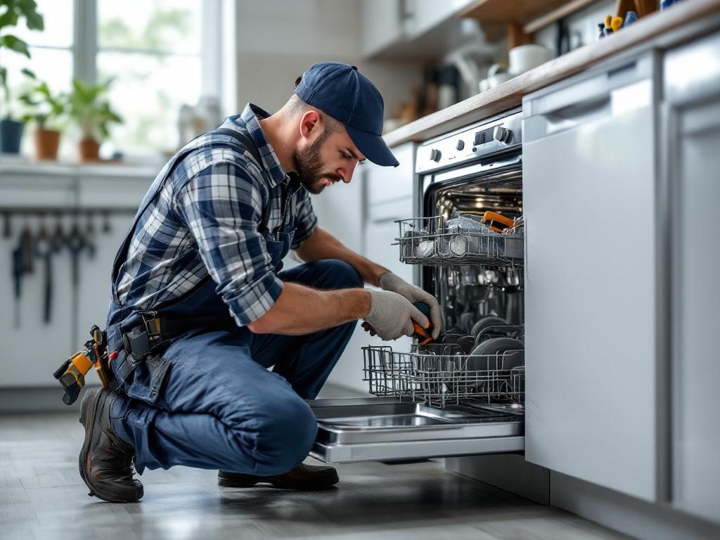 Professional technician repairing a dishwasher with tools in a clean kitchen setting