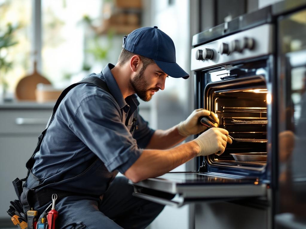 Professional technician repairing an oven with tools in a well-lit kitchen