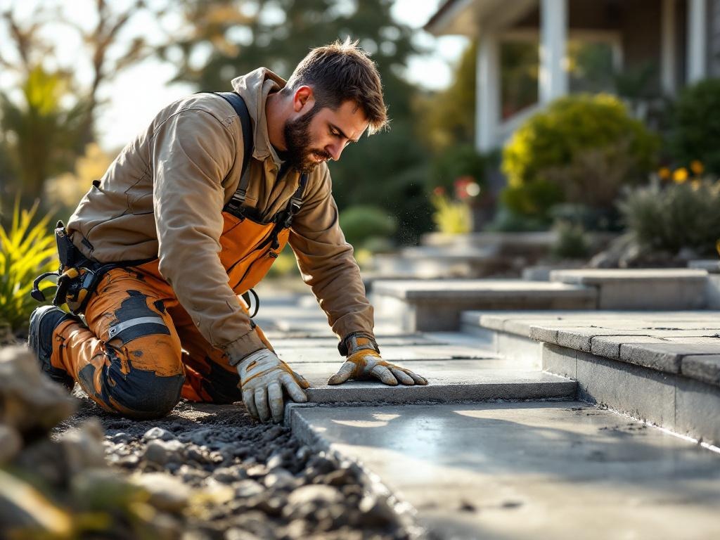 Professional technician installing a concrete driveway with tools and equipment in natural light