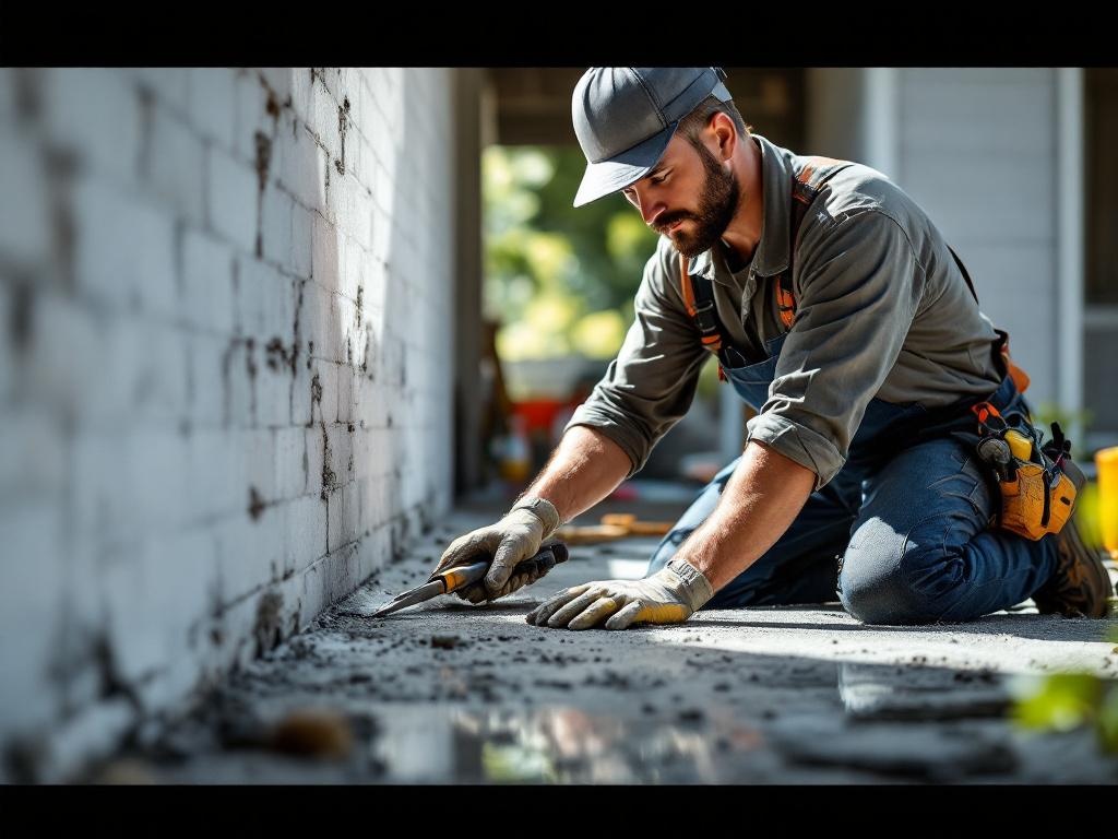 Professional technician building a concrete and masonry patio with tools in natural lighting