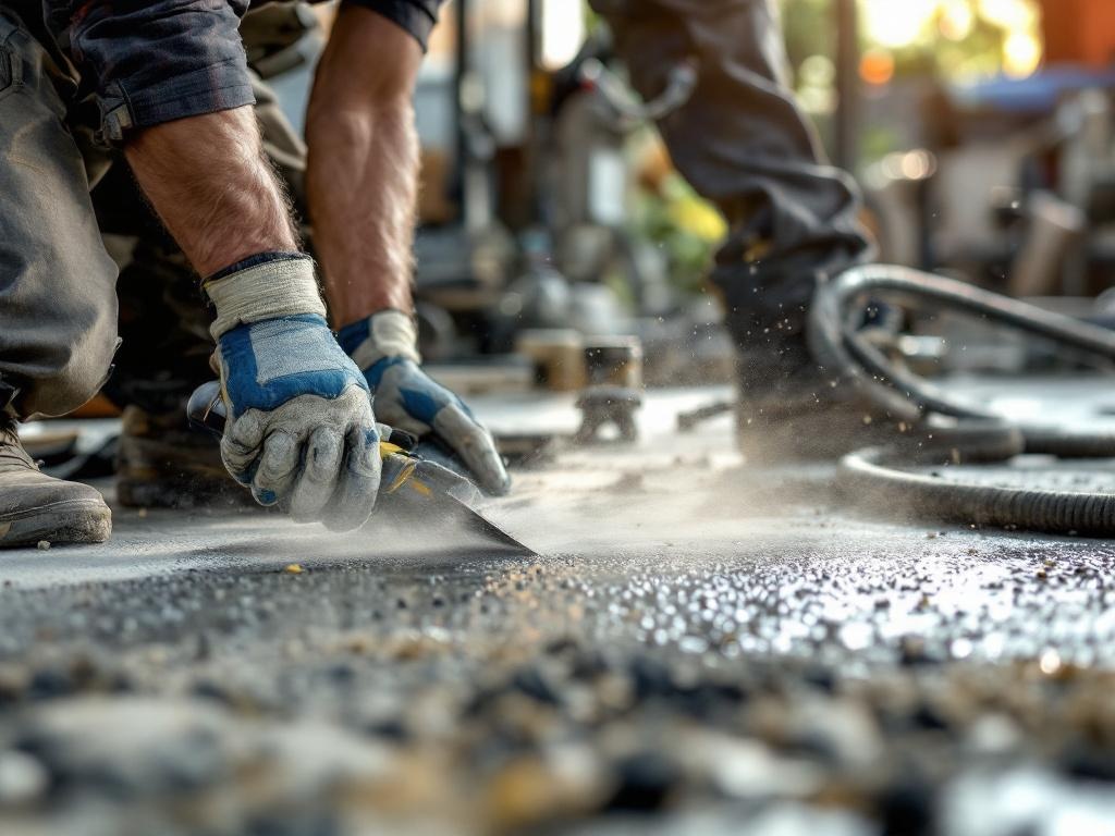 Professional masonry technician crafting stamped concrete with tools and natural lighting