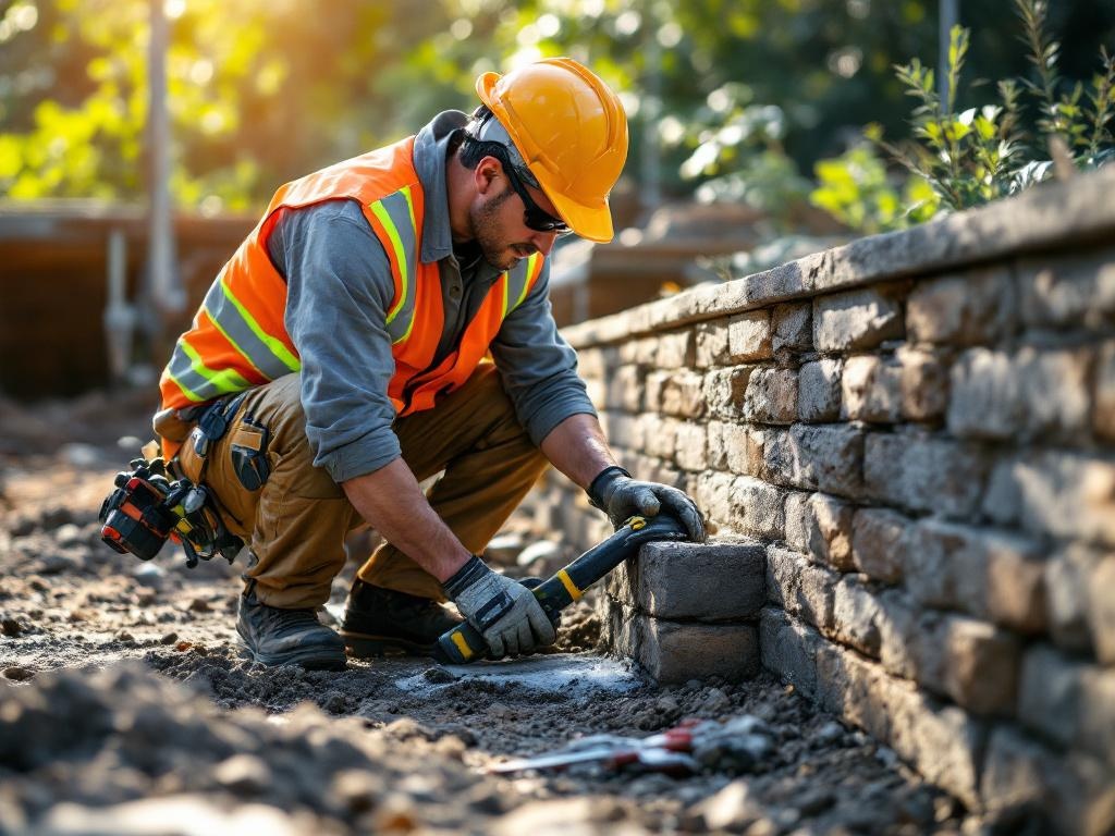 Professional technician building a durable concrete retaining wall with tools and equipment